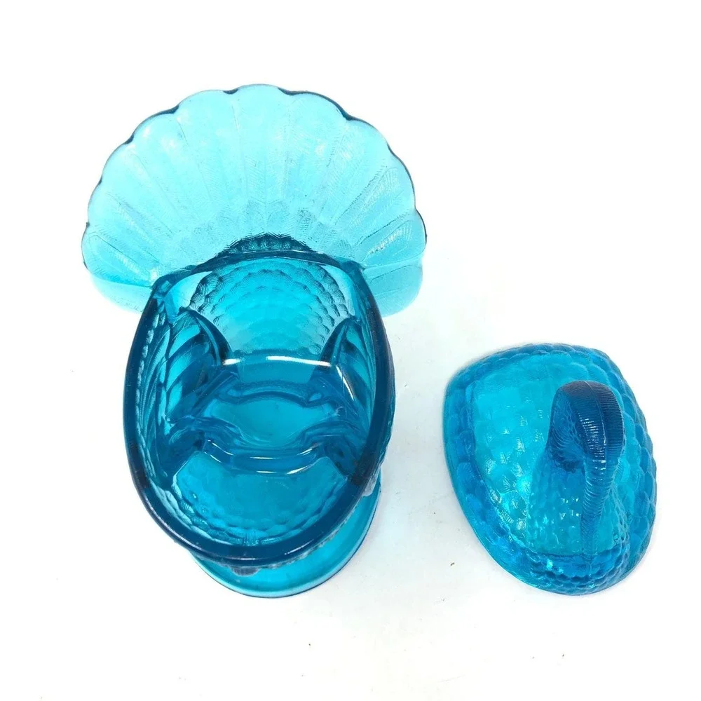 Vintage LE Smith Glass Turkey Covered Candy Dish‎ Blue Thanksgiving Decor
